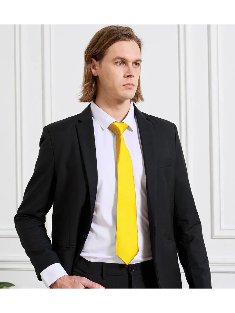 Men's Yellow Solid Microfiber Plain Formal Silk Necktie For Business Dress Tie